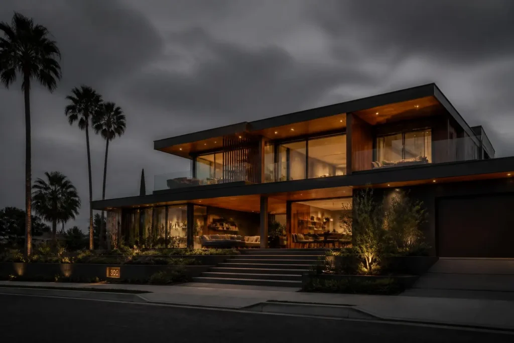 Modern two-story home at dusk with warm interior lighting