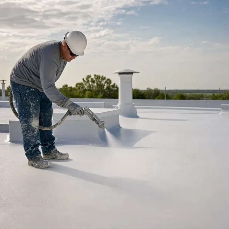 Seamless white polyurethane foam roof surface